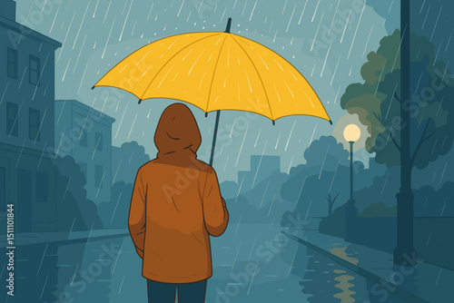 Yellow umbrella protection in city rain. Lone person walking, hooded figure on wet urban street at dusk. Solitude, stormy weather, moody atmosphere concept. Illustration of rainy day loneliness.