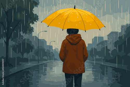 Solitary figure with bright yellow umbrella finds shelter in moody city rain. Urban scene, person braving storm. Concept of hope, resilience, protection, solitude, quiet contemplation.