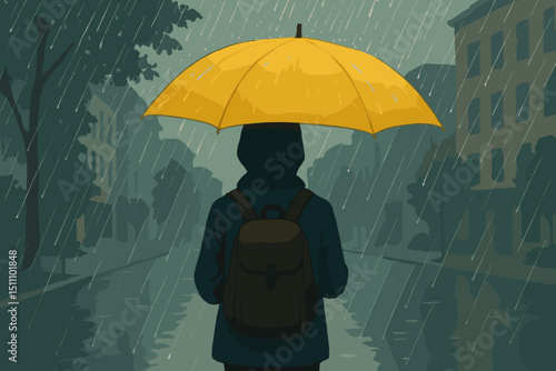Yellow umbrella rain. Person walking street. Solitary figure city. Backpack journey concept. Moody weather. Protection solitude. Urban life. Atmospheric illustration. Hope in downpour.