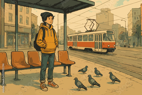 Young person at quiet tram stop, urban solitude concept. Teenager waiting, city commute, vintage public transport illustration. Daily life, pigeons, introspective mood, youth journey.
