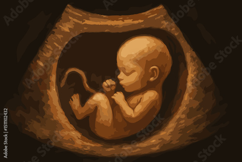 Early fetal development ultrasound illustration. Sepia sonogram of unborn baby in womb. Pregnancy, embryo growth, prenatal medical scan. New life, human reproduction, gynecology concept.