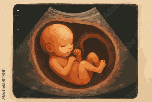 Ultrasound Fetal Development Art. Detailed medical illustration of unborn baby. Pregnancy stages, motherhood. Concept of new life, prenatal care, health, scientific research
