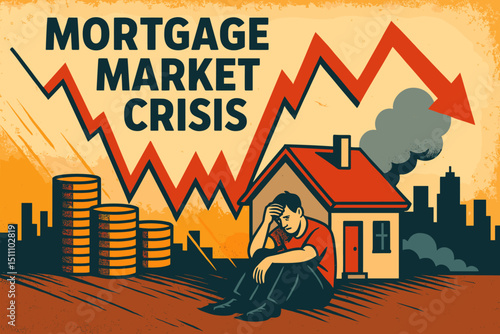 Mortgage Market Crisis and housing turmoil. Real estate crash, bubble burst. Stressed homeowner, financial recession, economic downturn. Property investment risk. Declining graph.