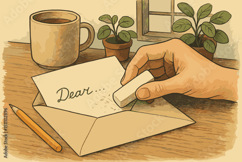 Hand erasing 'Dear' on letter with eraser, metaphor for doubt, correction, or difficult message. Vintage illustration of writing process, communication, breakup, apology, changing mind.