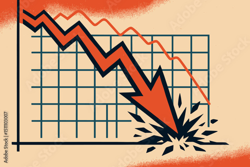 Financial crisis illustration. Stock market crash graph with red arrow plunging down. Economic recession, investment loss, business downturn, bear market visualization. Retro style vector.