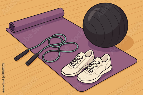 Fitness equipment set for home workout or gym. Includes yoga mat, exercise ball, skipping rope, and sneakers. Vector illustration for training, cardio, pilates, and healthy lifestyle concept.