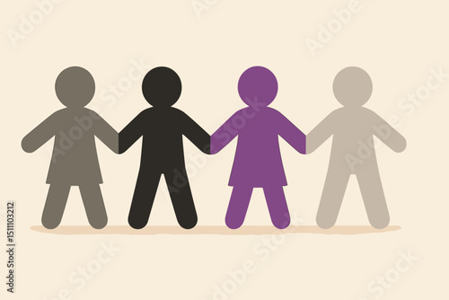 Paper cutout people chain in asexual pride flag colors: black, grey, white, purple. LGBTQIA+ unity, community, support, and inclusion. Asexuality awareness, ace visibility, diversity.