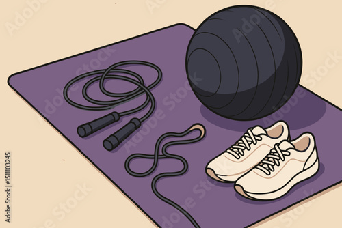 Home workout essentials flat lay illustration. Fitness gear with yoga mat, jump rope, stability ball, resistance band, and sneakers. Concept for exercise, training, sport, and healthy lifestyle.