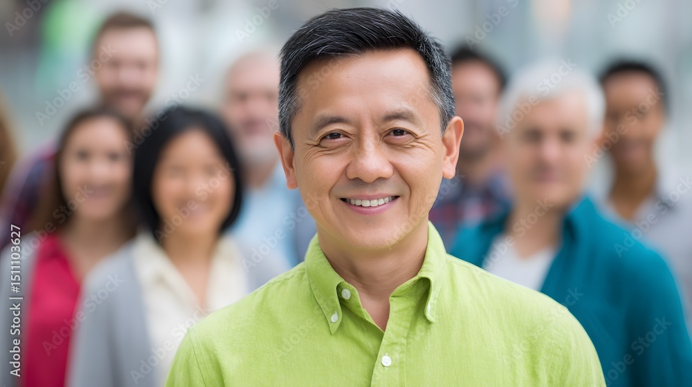 Confident man smiles at the camera, with diverse colleagues blurred in the background, suggesting a team or community environment. Confident man smiles at the camera, with diverse colleagues blurred in the background, suggesting a team or community environment.