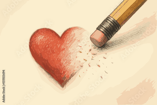 Fading Love Concept. Red Heart Erased by Pencil Eraser. Broken Relationships. Lost Affection. Emotional Healing. Heartbreak. Unrequited Love. Forgiveness. Letting Go. Sadness. Grief Symbol.