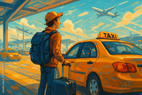 Young traveler arriving at airport hailing yellow taxi cab with luggage, adventure anticipation, travel journey, modern transportation, plane flying overhead, departure concept, vibrant morning scene
