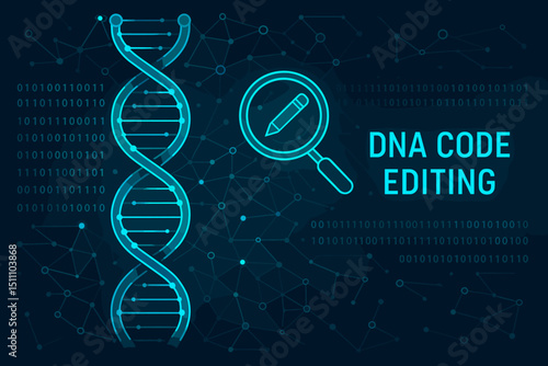 DNA code editing concept. Genetic engineering and biotechnology innovation. Double helix, binary code, magnifying glass with pencil symbolizing gene modification, research, and genomic data analysis.