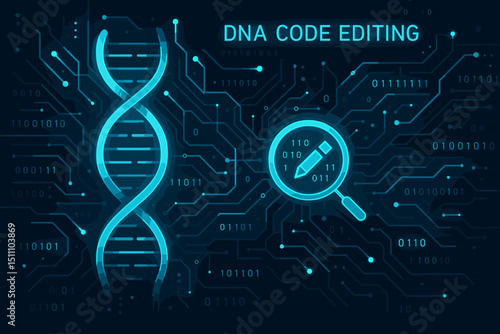 DNA code editing futuristic concept. Genetic engineering, gene therapy, and biotechnology innovation. Science background with DNA helix, binary data, circuit board, and magnifying glass for research.