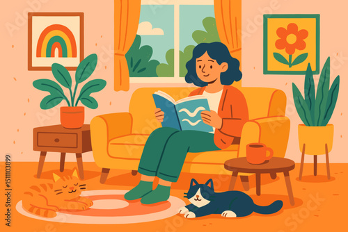 Serene domestic scene: Woman reading on sofa, cats nearby in a modern, cozy living room. Illustration for relaxation, leisure, pet love, home comfort, and hygge lifestyle concepts.