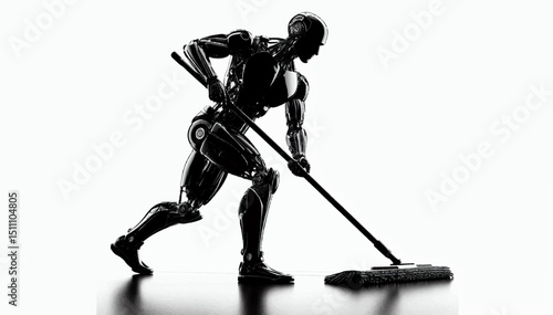 Black and white illustration of a humanoid robot that cleans the floor with a mop. Cyborg assistant with strong artificial intelligence on a white background. Vector graphics. EPS.