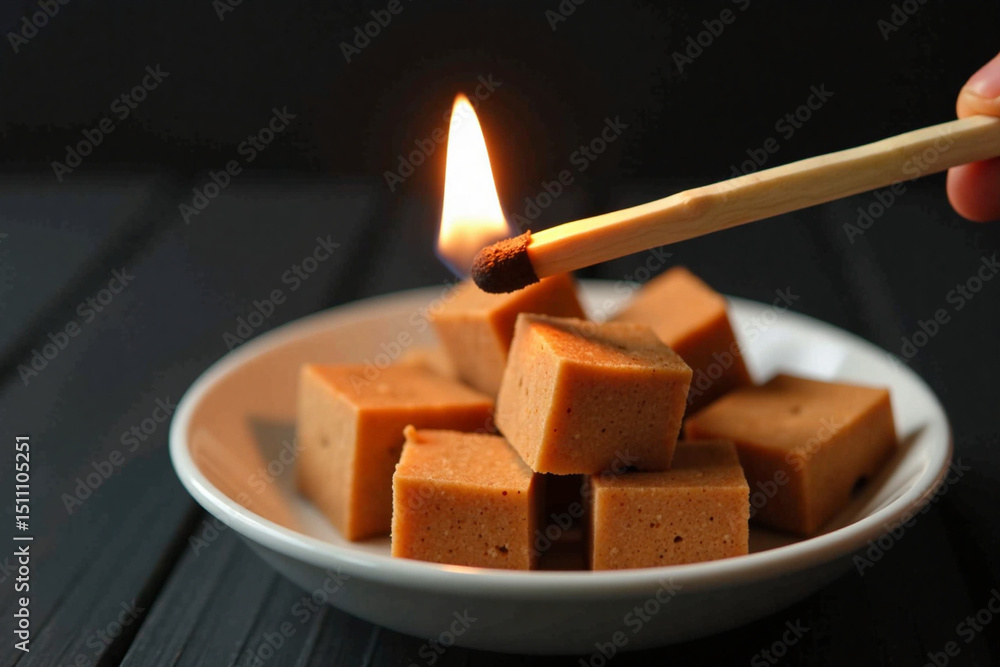 Match lighting a piece of fudge on a white plate against dark background Match lighting a piece of fudge on a white plate against dark background