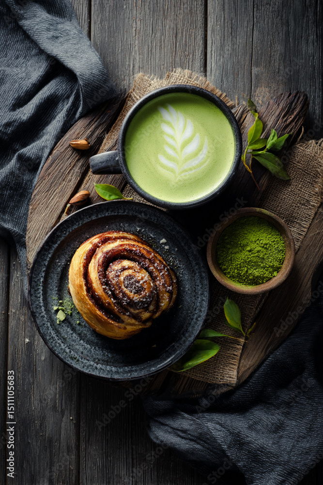A Matcha Latte and a Cinnamon Bun A Matcha Latte and a Cinnamon Bun