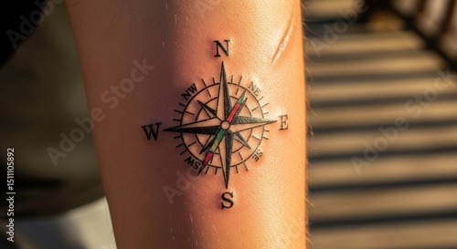 A person's arm with a compass tattoo, indicating a sense of direction and guidance. The detailed artwork features the cardinal directions, offering a visual of navigation