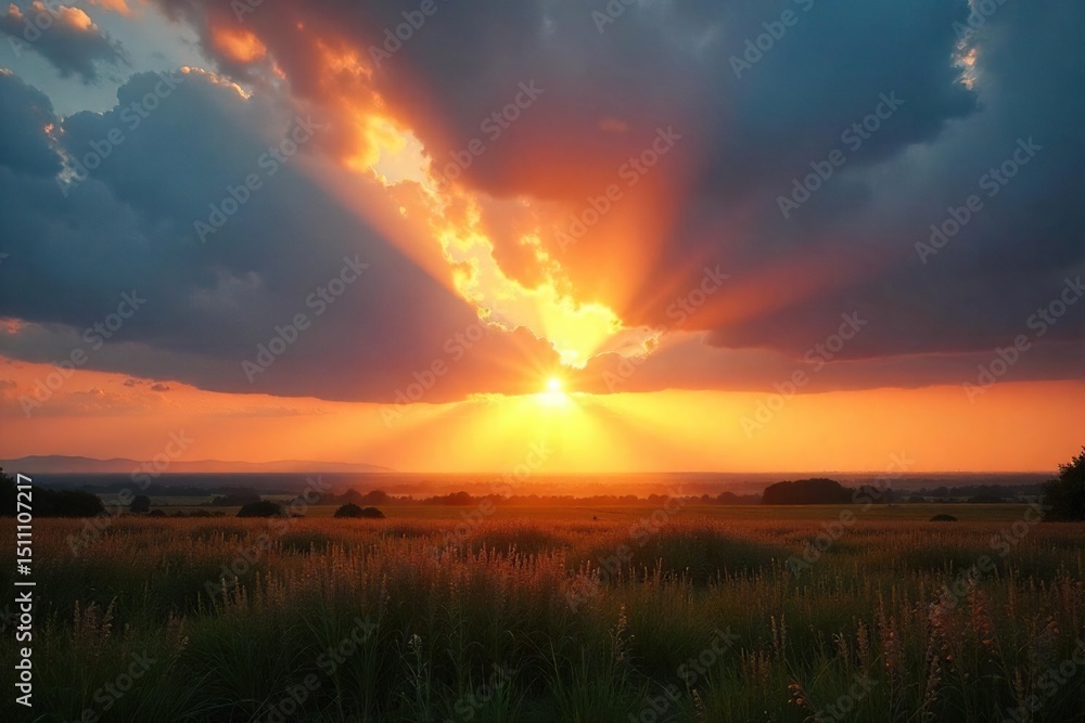 Fototapeta premium Dramatic sun rays burst through a break in dark clouds, illuminating a landscape in brilliant light Golden hour, strong backlighting, ethereal, powerful nature scene , nature, weather, bright