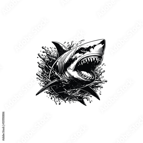 Fierce shark with open mouth isolated on white background Silhouette