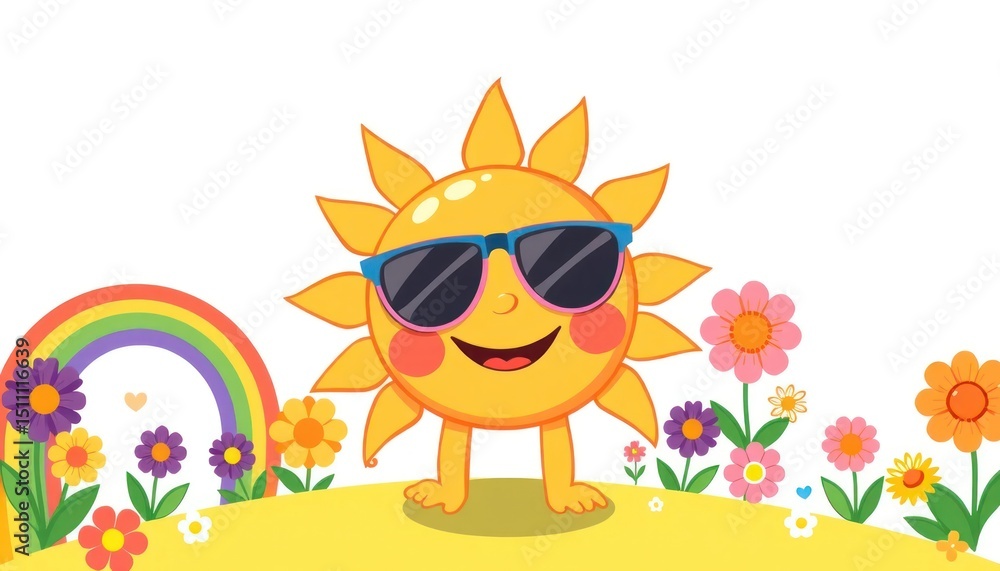 Fototapeta premium Sunny day cartoon illustration with happy sun character and summer mood