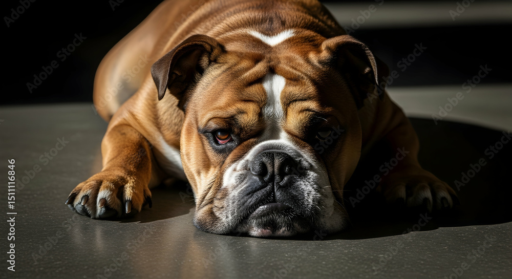 Obraz premium Portrait Of An Adorable Bulldog Resting On The Floor In Sunlight
