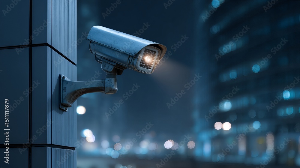 Security camera installed on a dark modern building Technology background emphasizes urban surveillance system Security camera installed on a dark modern building Technology background emphasizes urban surveillance system