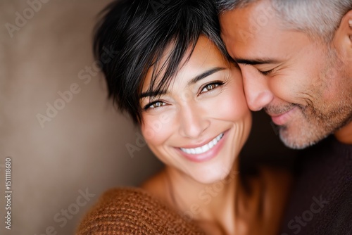 Smiling Couple Close Up Portrait with Brown Background Featuring Soft Lighting. Generative AI