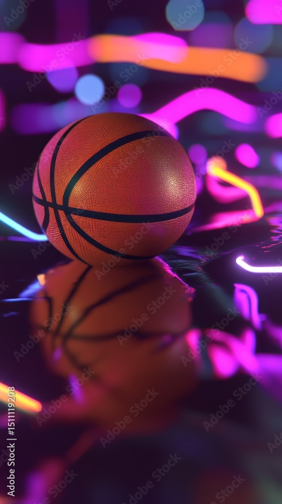 Fototapeta premium A neon basketball is on a beach with neon lights surrounding it. The ball is the main focus of the image, and the neon lights create a vibrant and energetic atmosphere