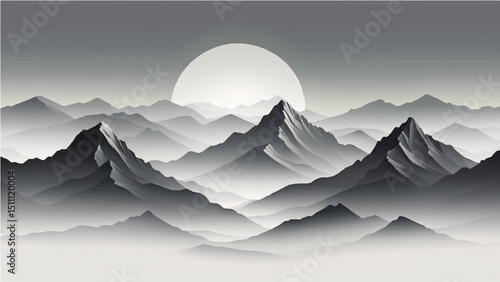 abstract a minimalist vector illustration of layered mountain ranges in grayscale.