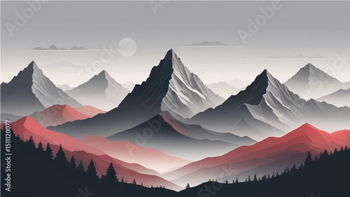 a minimalist vector illustration of layered mountain ranges in grayscale. The design should feature soft gradients and overlapping silhouettes to convey depth, with the closest mountains in dark 

