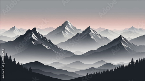 abstract a minimalist vector illustration of layered mountain ranges in grayscale.