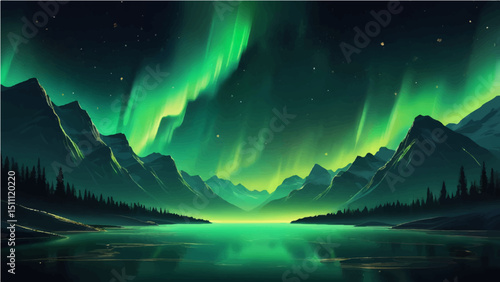 Green northern lights scene glowing in the night sky decorated with golden glow effect and stars, luxury style background design concept.4