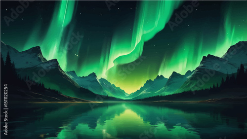 Green northern lights scene glowing in the night sky decorated with golden glow effect and stars, luxury style background design concept.