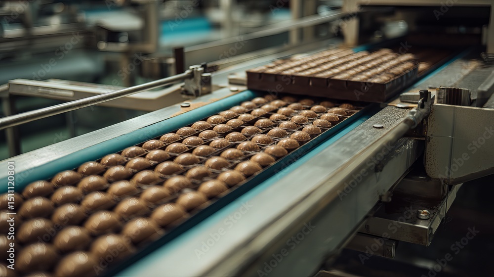 Top view of chocolate candies moving on conveyor in sweets factory Part of largescale food industry Top view of chocolate candies moving on conveyor in sweets factory Part of largescale food industry