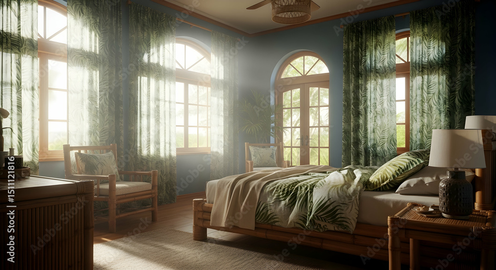 Fototapeta premium Tropical Bedroom With Natural Light And Palm Leaf Patterned Accents