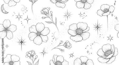 Floral Pattern with Stars and Moons