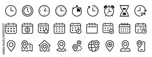 Time, date and location line icon set. Clock, event calendar, location pin, place pointer, business schedule signs. Vector illustration. Editable stroke.