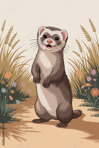 Animated ferret standing in tall grass with a cheerful expression  