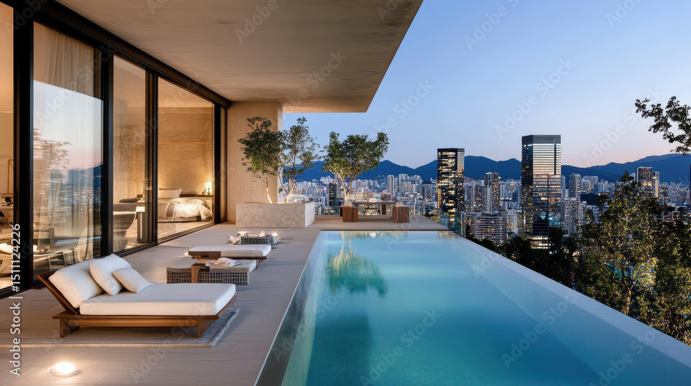 Obraz premium Luxurious infinity pool overlooking city skyline dusk, with modern architecture and serene