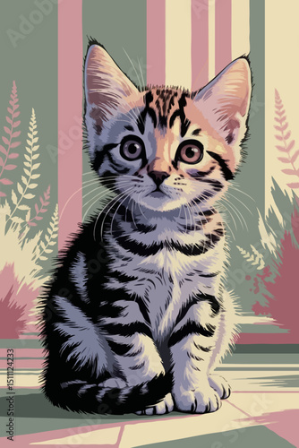 Cute kitten sitting on the floor with colorful background  