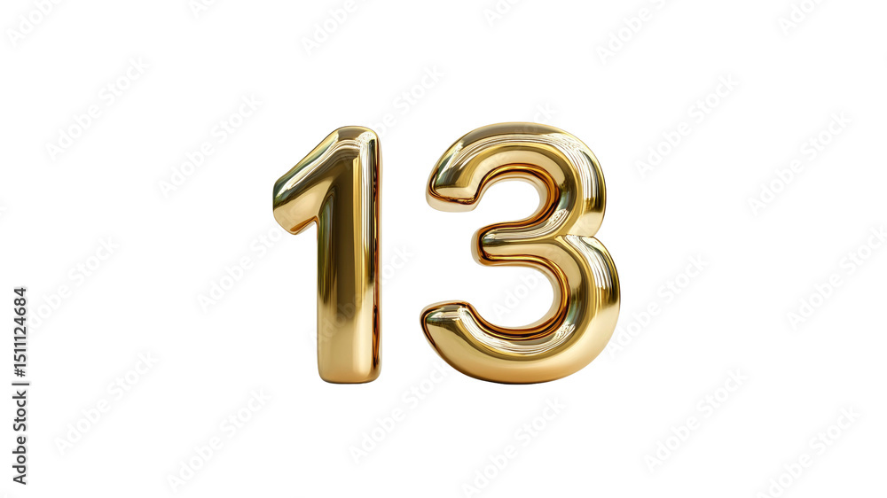 Gold Number Thirteen, 3D Rendered Balloon Style Gold Number Thirteen, 3D Rendered Balloon Style