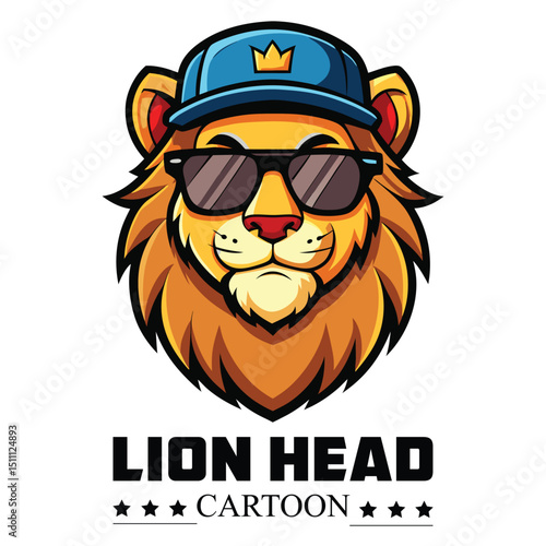 Cool Lion Head Cartoon Mascot Design Sunglasses, Cap, and a Royal Crown