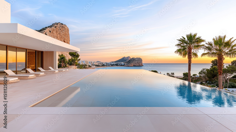 Fototapeta premium Luxurious infinity pool overlooking beach at sunset, surrounded by palm trees and mountains