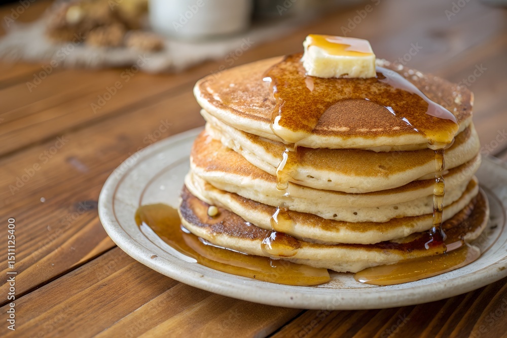 Pancake stack with syrup and butter melting on top captured with warm natural tones Pancake stack with syrup and butter melting on top captured with warm natural tones