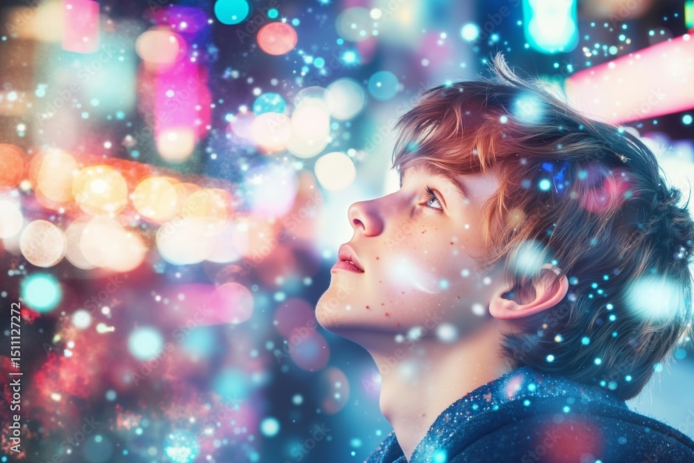 Naklejka premium A young boy looking up at the night sky with colorful lights