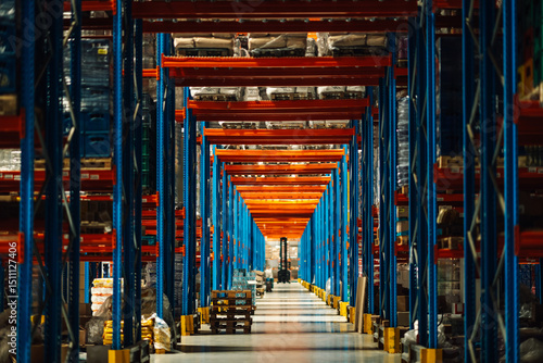 Fotografie Forklift moving in large industrial warehouse with tall shelves full of goods