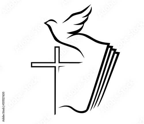 Christian Symbol with Cross, Open Bible, and Dove – Faith, Spirituality, Peace, Religious Belief, Holy Spirit, Gospel Message, Christian Worship and Teaching

