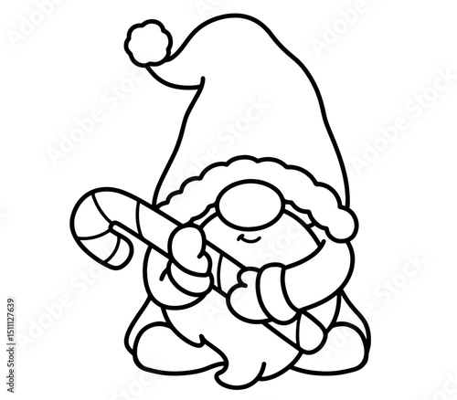 Christmas Gnome Holding Candy Cane – Cute Scandinavian Elf for Coloring or Cards