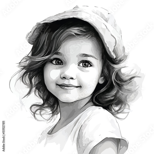 Professional Vector Drawing of a Portrait Depicting a Happy Pretty Little Girl